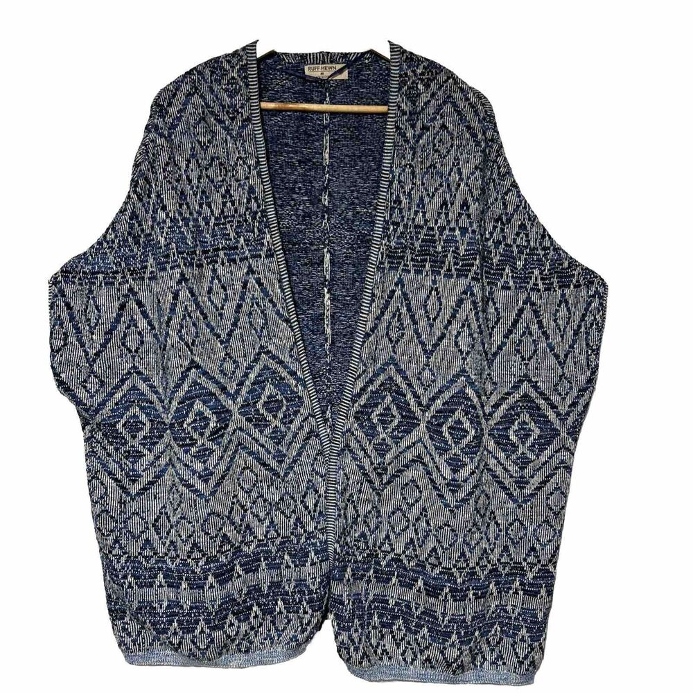 Ruff Hewn Womens Cardigan Poncho Sweater Medium Blue Geometric